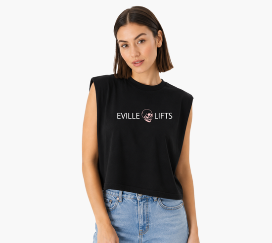 Black Muscle Crop With Eville Lifts White Pink Mini Skull