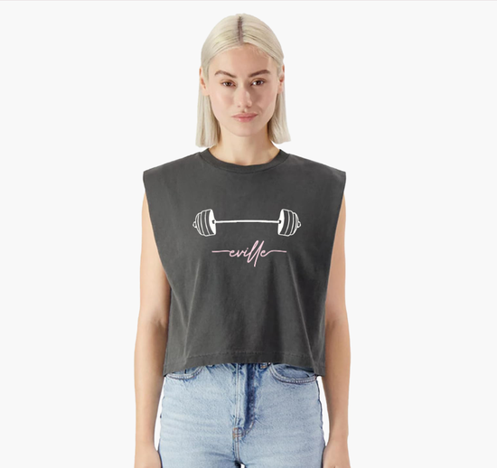 Faded Black Muscle Crop Eville Barbell White Pink