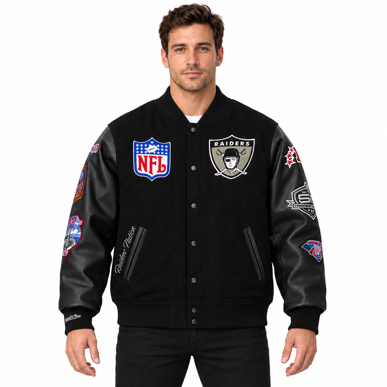 Oakland Raiders Blackout Collection Mitchell and Ness Full Snap Varsity Jacket