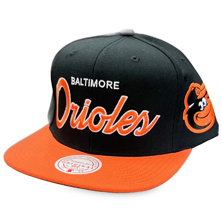 Baltimore Orioles Black/Orange Mitchell and Ness Block Script Snapback Hat