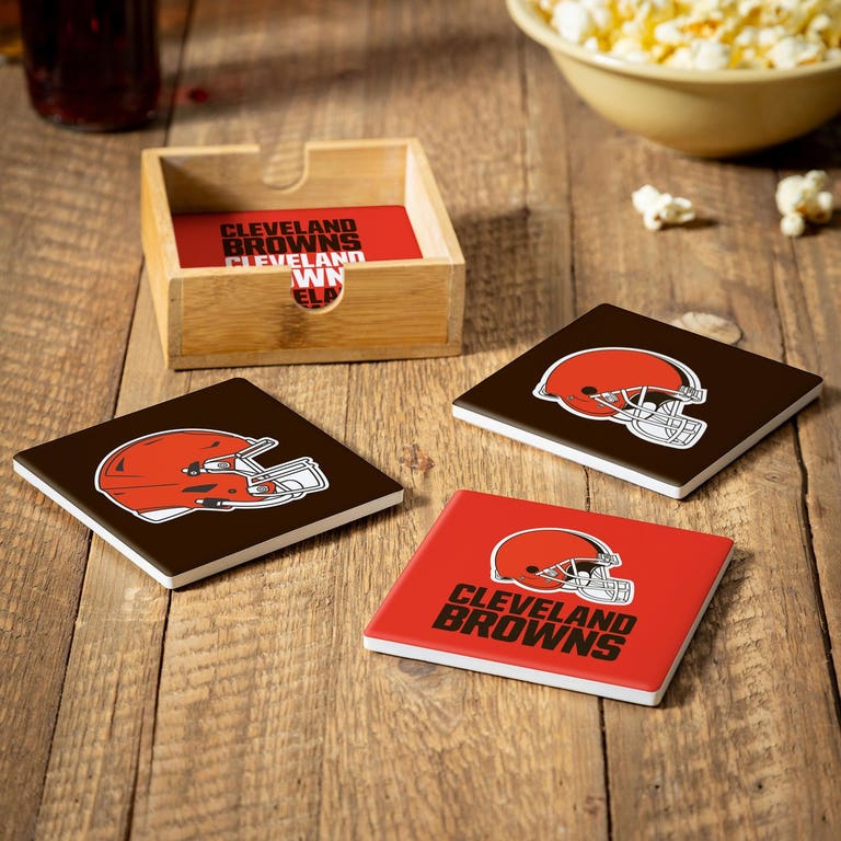 Cleveland Browns 4 Piece Coaster Set with Wood Caddy