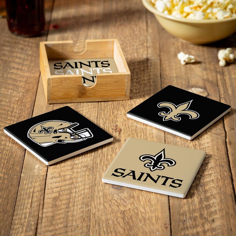 New Orleans Saints 4 Piece Coaster Set with Wood Caddy