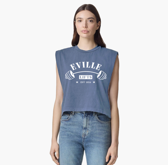 Blue Muscle Crop Eville Lifts Retro Barbell