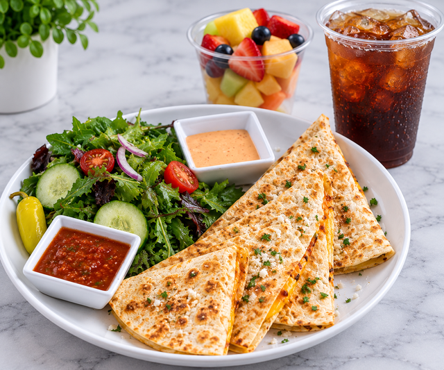 Katherine's Chicken Quesadilla Combo includes your choice of side and beverage.