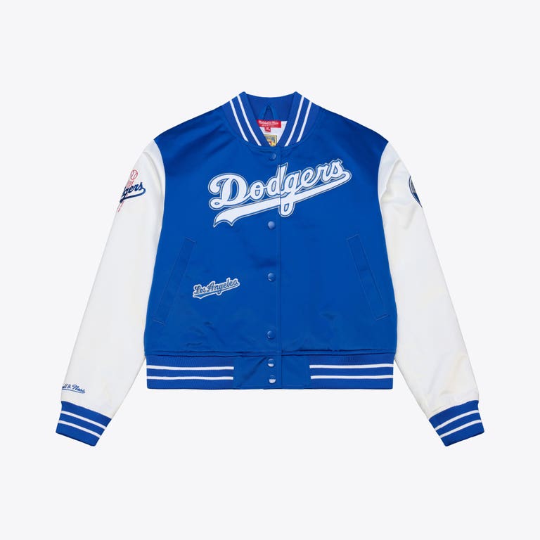 Los Angeles Dodgers Ladies Double Clutch Mitchell and Ness Crop Satin Jacket
