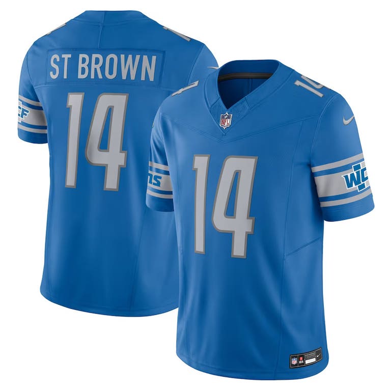 Detroit Lions Amon-Ra St. Brown #14 Nike Light Blue Vapor Limited F.U.S.E Jersey