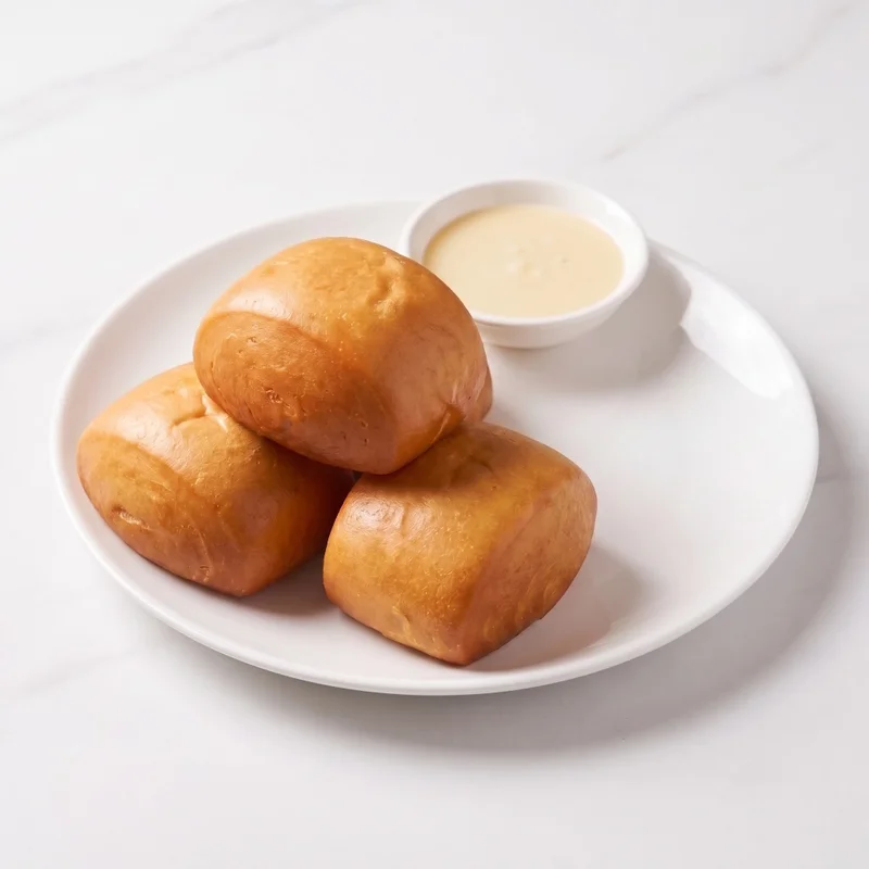 Three golden fried mantou buns with a cup of condensed milk