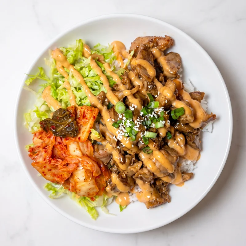 Kirin BBQ Chicken rice bowl with kimchi, romaine and sesame aioli