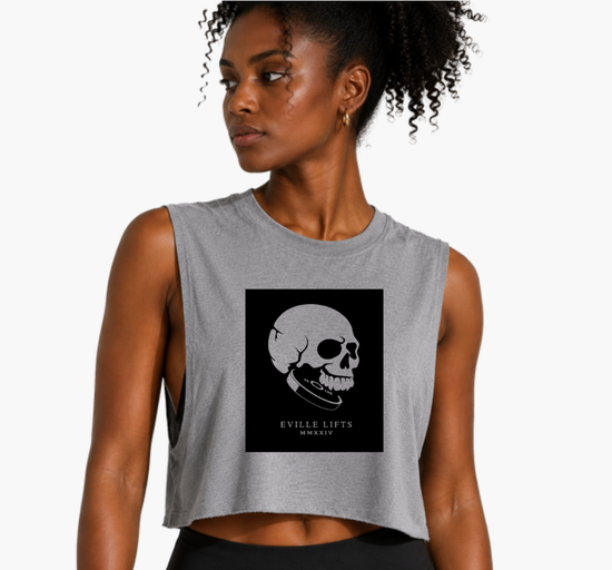 Grey Deep Muscle Crop Black Skull Plate Negative