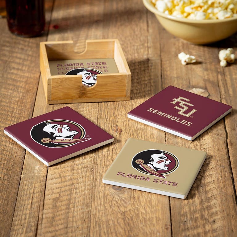 Florida State Seminoles 4 Piece Coaster Set with Wood Caddy