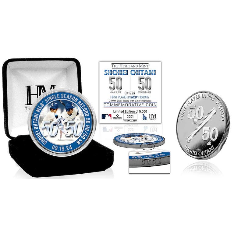 Los Angeles Dodgers Shohei Ohtani Highland Mint 50/50 MLB Record 39mm Silver Plated Coin