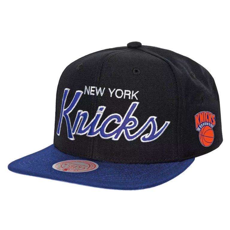New York Knicks Two Tone Retro Script Mitchell and Ness Snapback Hat