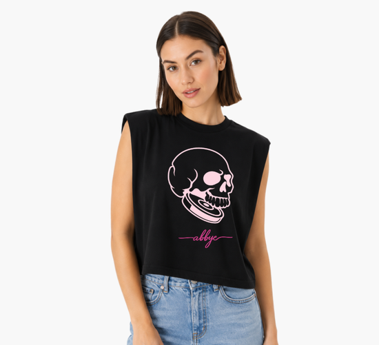 Black Muscle Crop Pink Skull Abbye Cursive