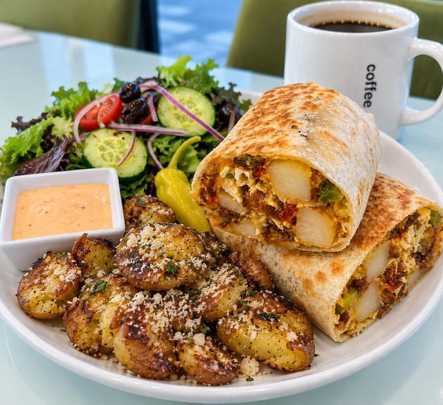Breakfast Burrito Combo includes your choice of side and beverage.