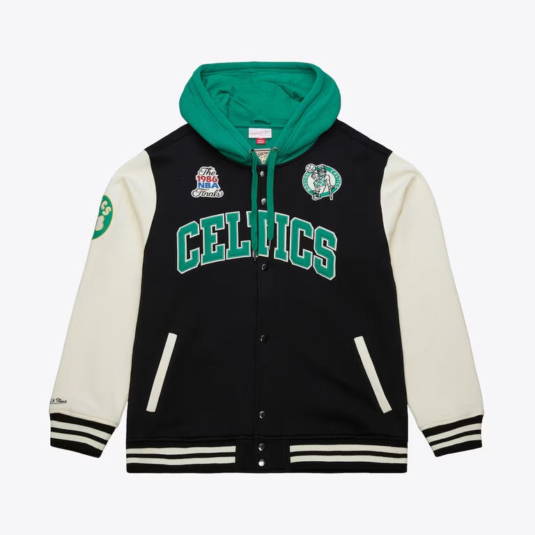Boston Celtics Courtside Button Down Mitchell and Ness Hooded Fleece Jacket