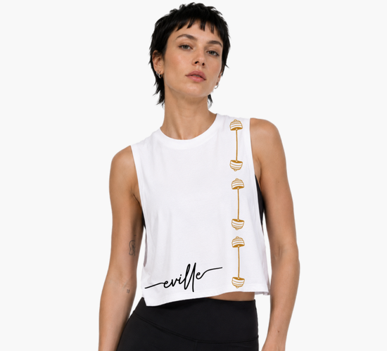 White Deep Muscle Crop Eville Cursive Vertical Barbells