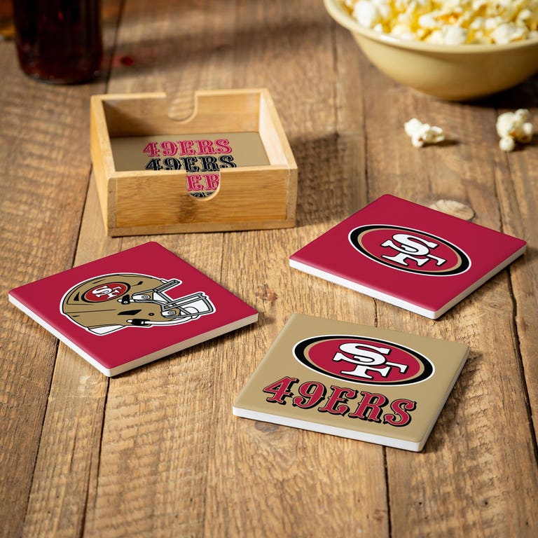 San Francisco 49ers 4 Piece Coaster Set with Wood Caddy