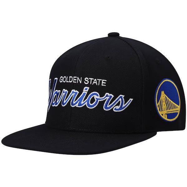 Golden State Warriors Retro Script Mitchell and Ness Black Snapback Hat